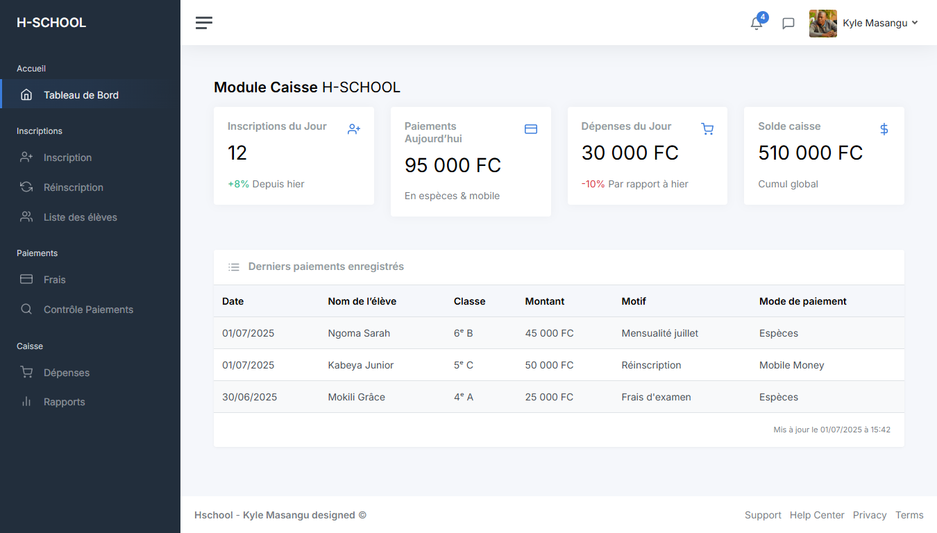 Tableau de bord de gestion de caisse H-SCHOOL